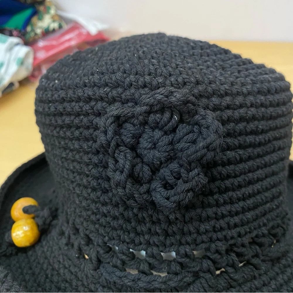 Rico International Women size Small Black Crochet Knit Hat Flower Bead Detail